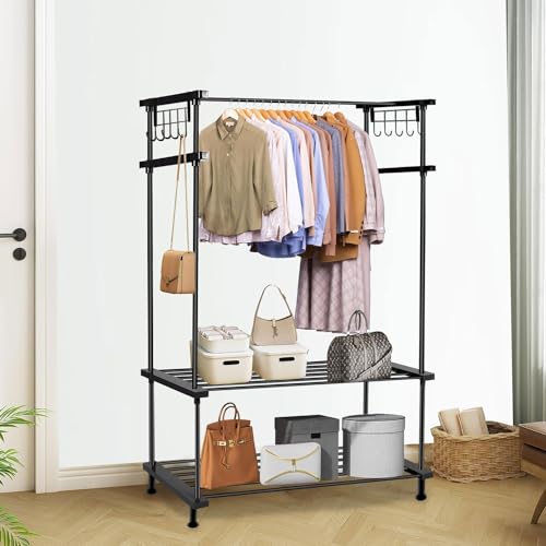 LEOPAX Cloth Rail Garment Rack With 2 Shelves&10 Side Hook With Bottom Shelf And Shoe Clothing Storage Organizer Shelves-Black (84 X 31 X 140Cm, Metal) - Image 2