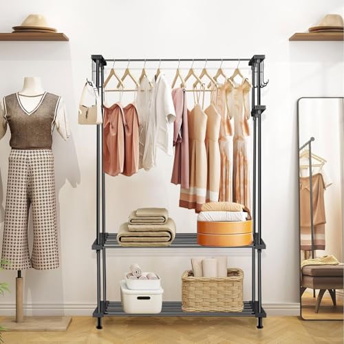 LEOPAX Cloth Rail Garment Rack With 2 Shelves&10 Side Hook With Bottom Shelf And Shoe Clothing Storage Organizer Shelves-Black (84 X 31 X 140Cm, Metal) - Image 1