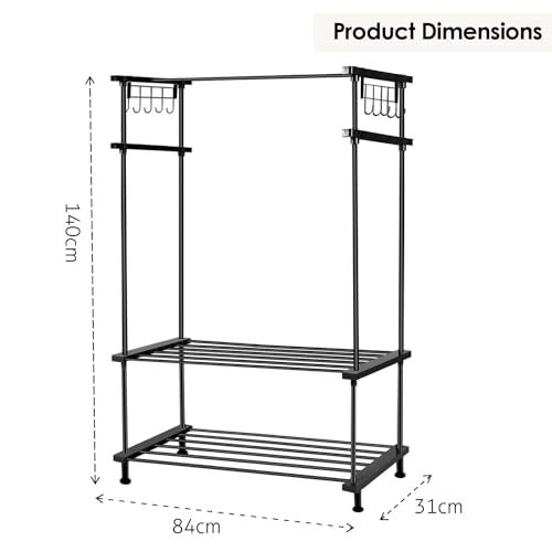 LEOPAX Cloth Rail Garment Rack With 2 Shelves&10 Side Hook With Bottom Shelf And Shoe Clothing Storage Organizer Shelves-Black (84 X 31 X 140Cm, Metal) - Image 5