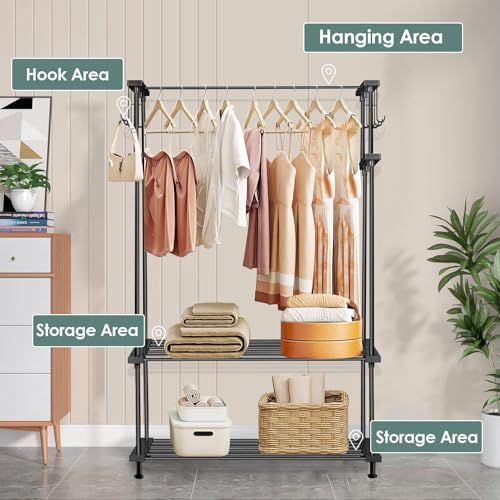 LEOPAX Cloth Rail Garment Rack With 2 Shelves&10 Side Hook With Bottom Shelf And Shoe Clothing Storage Organizer Shelves-Black (84 X 31 X 140Cm, Metal) - Image 3