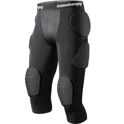 COOLOMG Youth Boys 7 Pad Football Girdle with Cup Pocket,Knee Pads,Integrated Hip, Tailbone, Thigh Pads Black M - Image 1