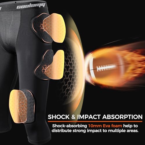 COOLOMG Youth Boys 7 Pad Football Girdle with Cup Pocket,Knee Pads,Integrated Hip, Tailbone, Thigh Pads Black M - Image 4
