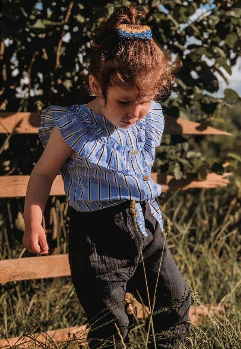 Cigit Patterned Frilly Shirt 2-8 Years Blue