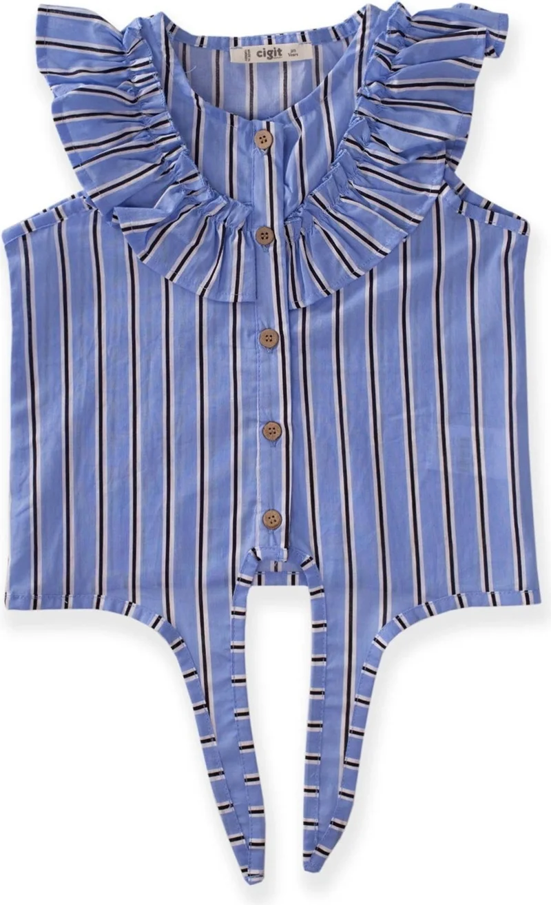 Cigit Patterned Frilly Shirt 2-8 Years Blue