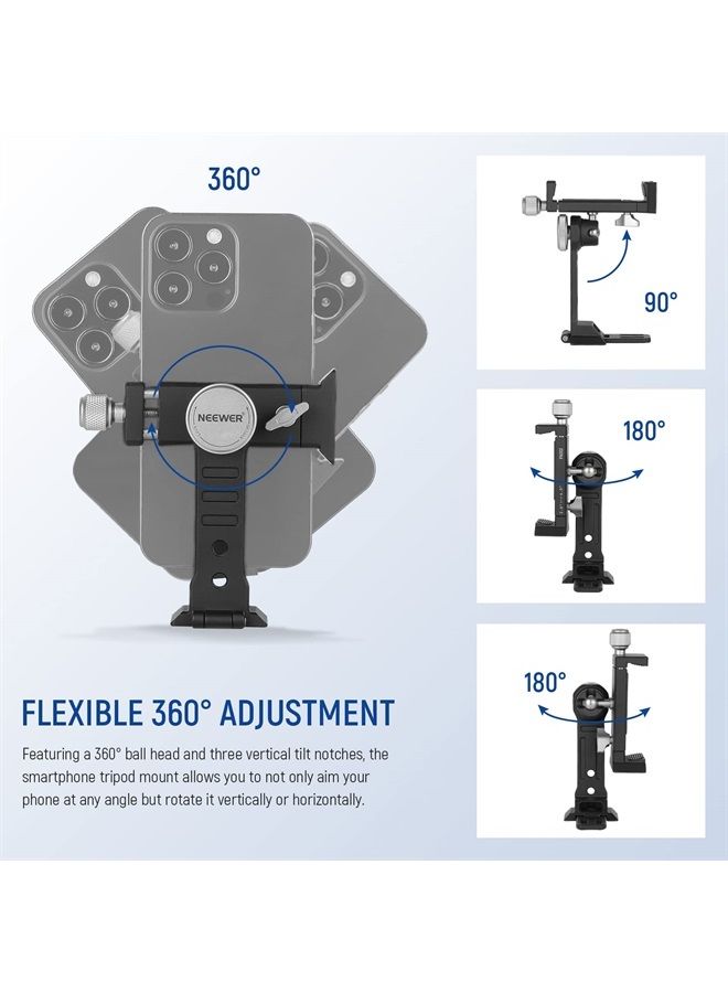 NEEWER Smartphone Tripod Mount Aluminum Alloy, 360° Rotatable Phone Holder with Cold Shoe Mount and Arca Type Base Compatible with iPhone 14 Pro Max Galaxy S22 Ultra Pixel and 2.6”–4” Wide Smartphones - Image 2
