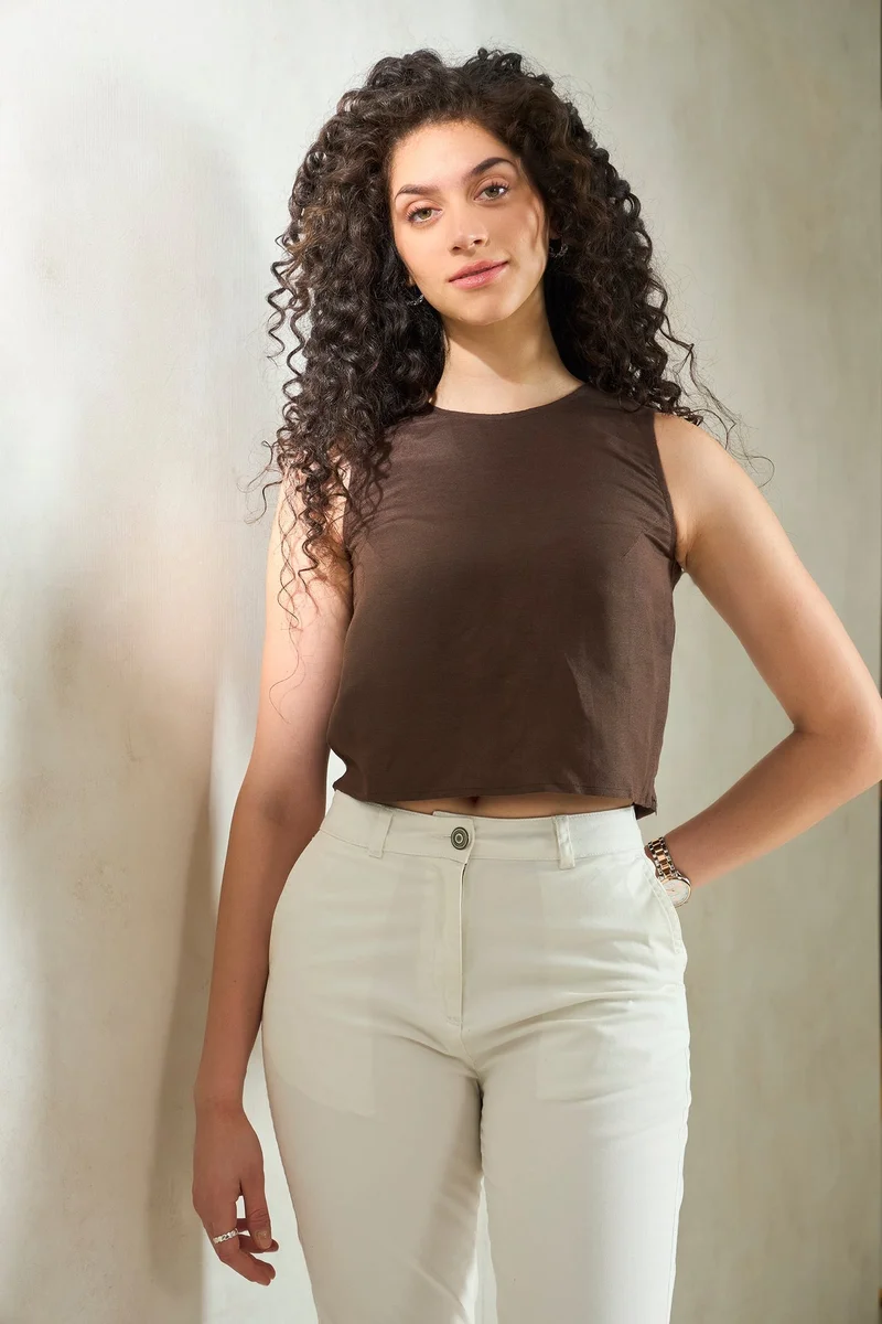 Virgio Brown Linen Sleeveless Brunchwear Tops for Women for Women | Best Price UAE