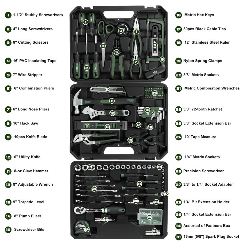 Prostormer Tool Set for Home, 269-Piece Complete Toolbox with Tools for Household and Automotive Repair, General Hand Tool Kit Box with Drawer for Men & Women (Green) - Image 2