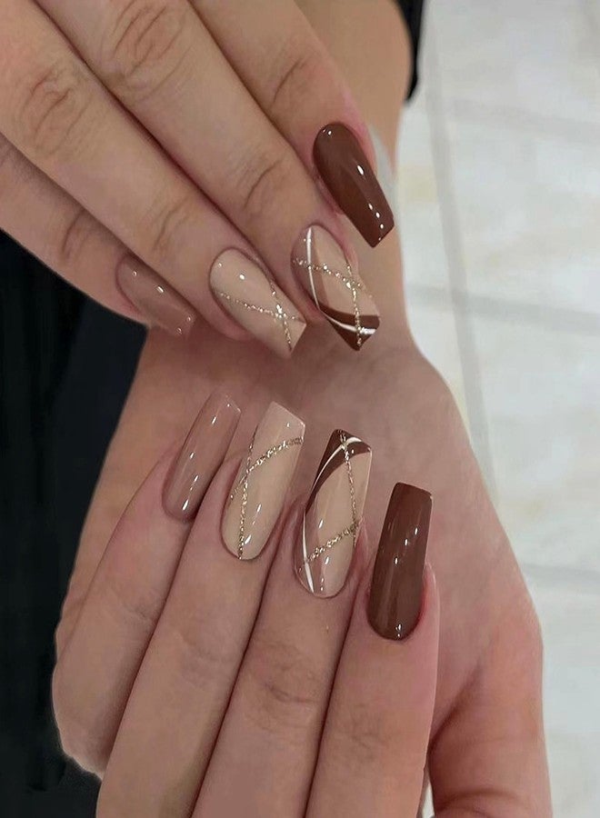 MISUD Press on Nails - Medium Coffin Glue on Nails with Fall Brown, Acrylic Autumn Plaid Design 24 pcs - Image 1