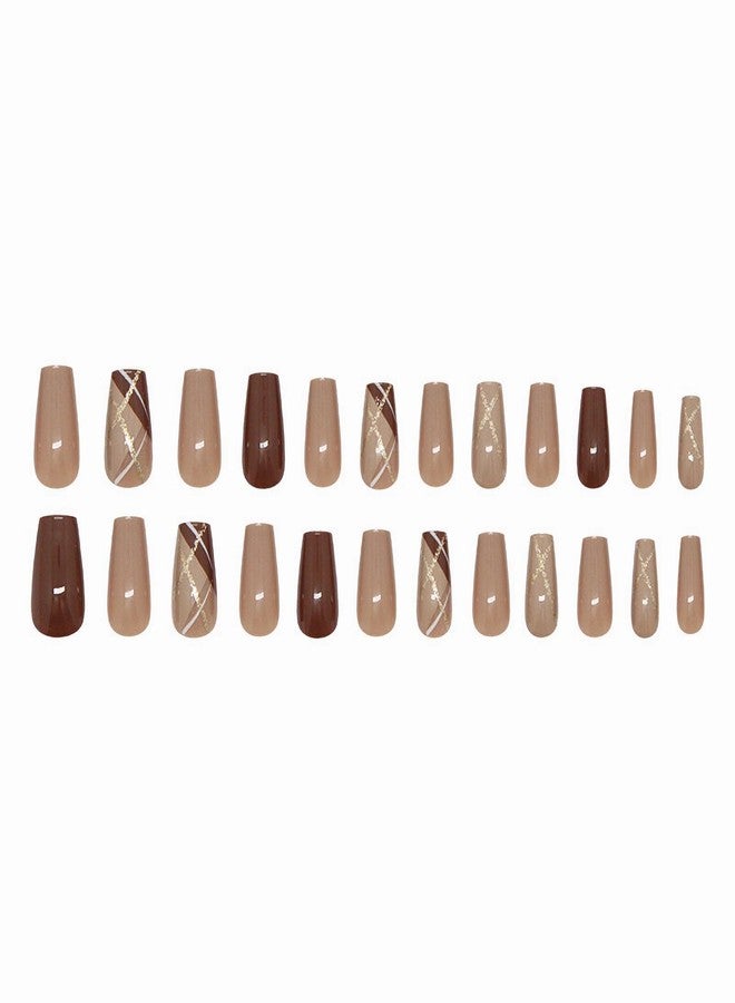 MISUD Press on Nails - Medium Coffin Glue on Nails with Fall Brown, Acrylic Autumn Plaid Design 24 pcs - Image 2