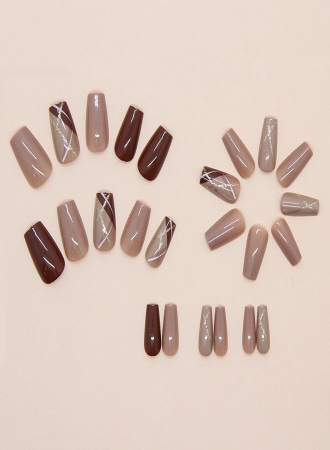 MISUD Press on Nails - Medium Coffin Glue on Nails with Fall Brown, Acrylic Autumn Plaid Design 24 pcs - Image 4