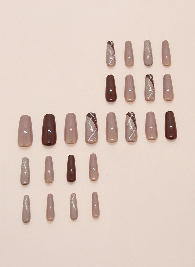 MISUD Press on Nails - Medium Coffin Glue on Nails with Fall Brown, Acrylic Autumn Plaid Design 24 pcs - Image 3