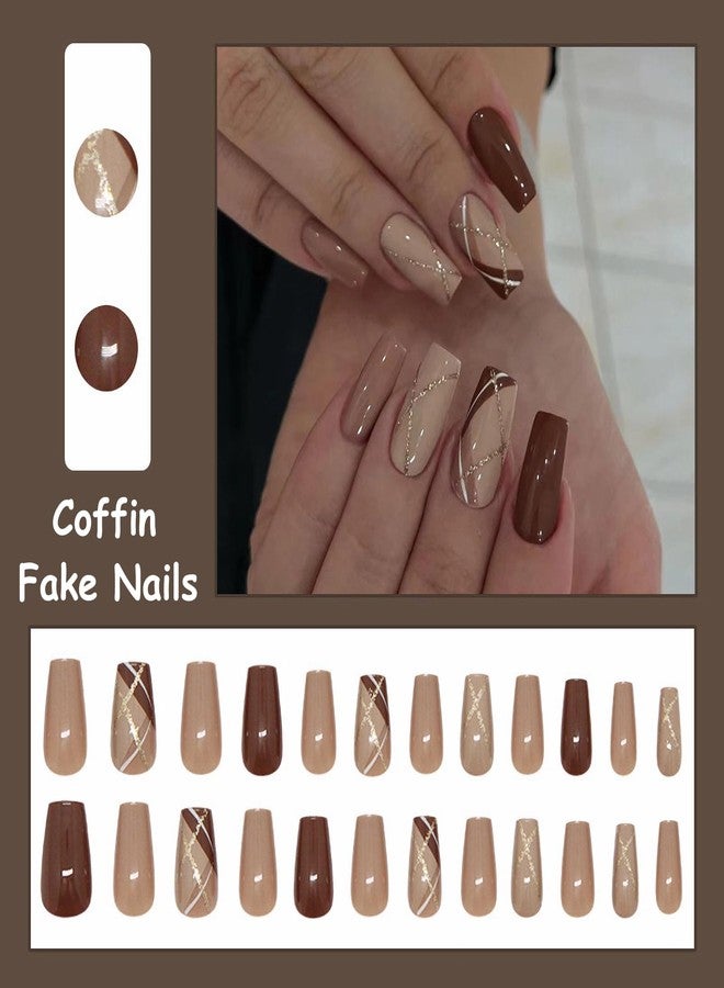 MISUD Press on Nails - Medium Coffin Glue on Nails with Fall Brown, Acrylic Autumn Plaid Design 24 pcs - Image 5