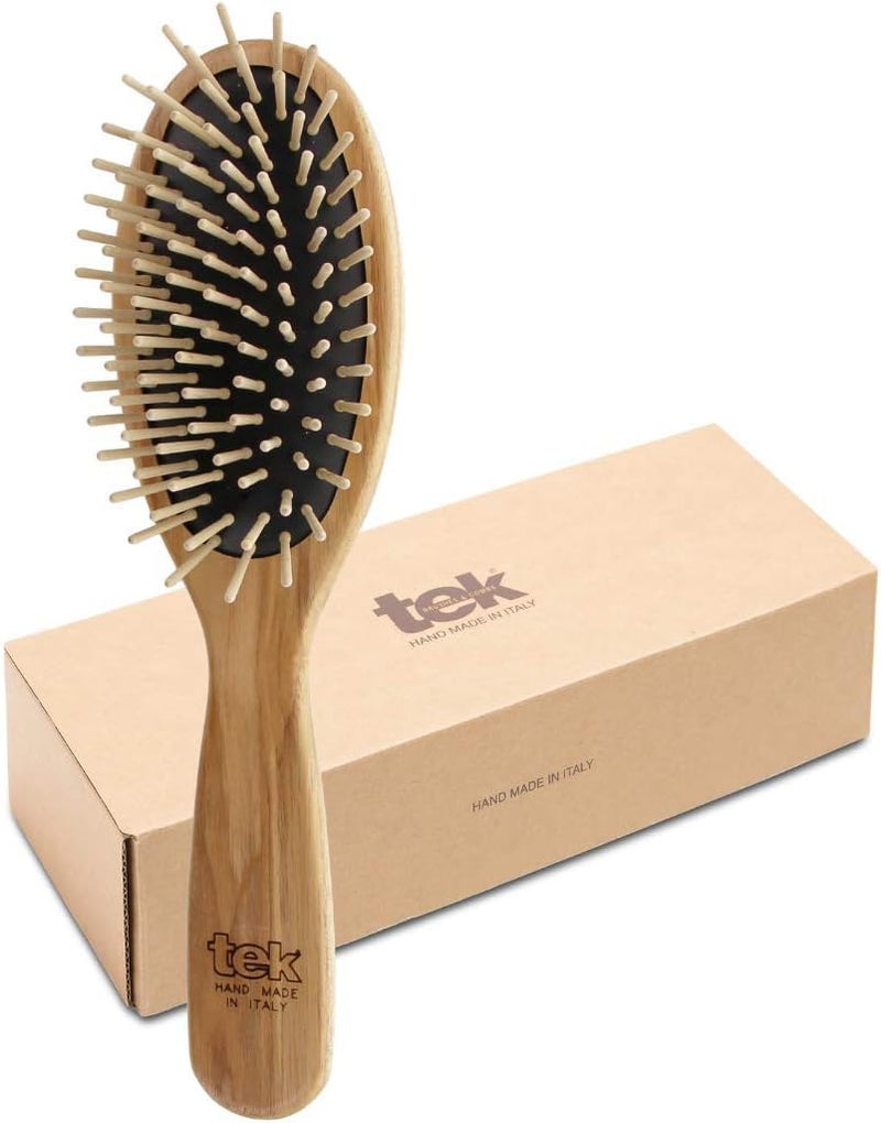 TEK Large Oval Wooden Brush with Short Pins Handmade in Italy with Sustainable and Vegan Materials Safe for All Hair Types Wet or Dry Gentle Detangler AntiStatic Properties