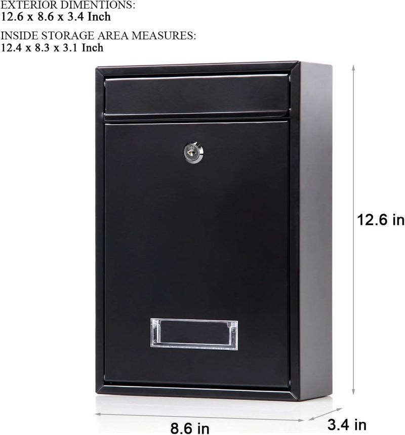 Jssmst Locking Mailboxes Wall Mounted Vertical – Key Lock Drop Mail Box Medium Capacity Galvanized Steel Cover Rust-Proof Metal Post Box, 12.6 x 8.5 x 3.4 Inch, Black, SM-0601L - Image 2