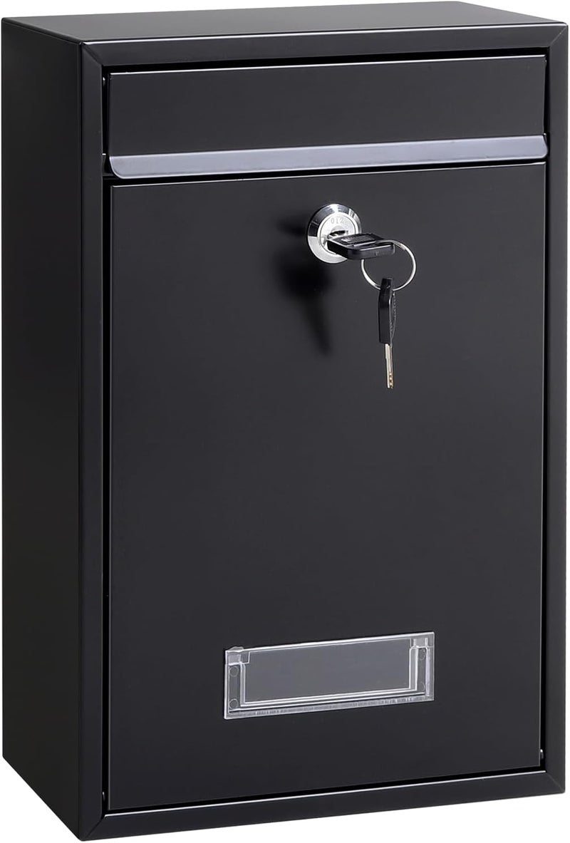 Jssmst Locking Mailboxes Wall Mounted Vertical – Key Lock Drop Mail Box Medium Capacity Galvanized Steel Cover Rust-Proof Metal Post Box, 12.6 x 8.5 x 3.4 Inch, Black, SM-0601L - Image 1