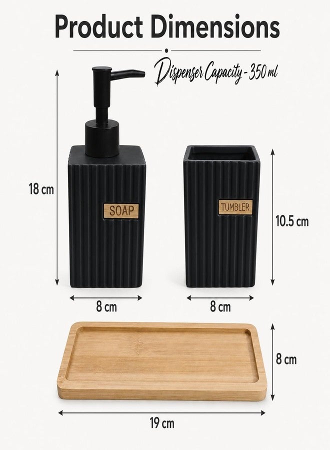 ستور 2508 طقم إكسسوارات الحمام Store2508 مع موزع صابون سيراميك وكوب وصينية من الخيزران، وحامل زجاجة بمضخة قابلة لإعادة التعبئة سعة 350 مل لسطح طاولة الزينة (أسود) - Image 1