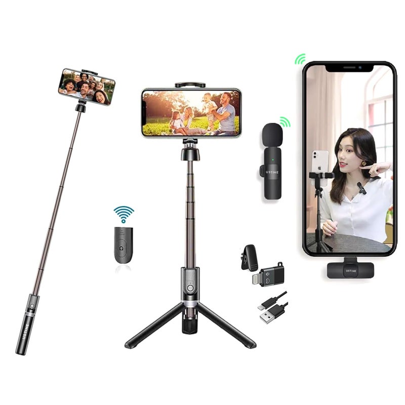 USTINE ® SnapX1 Vlogging Kit with Wireless Mic | 3-in-1 70cm Extendable Selfie Stick Tripod Stand with Bluetooth Remote + K8 Microphone for YouTube, Reels, Vlogs & Live Streaming (Android/iPhone) - Image 1