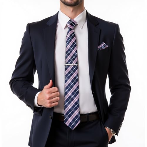 DiBanGu Plaid Ties for Men Silk Checkered Necktie and Pocket Square Cufflinks Tie Clip Set with Gift Box for Wedding Business, Blue and Pink - Image 2