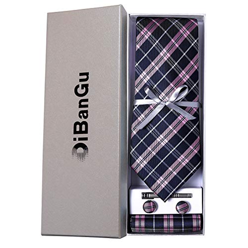 DiBanGu Plaid Ties for Men Silk Checkered Necktie and Pocket Square Cufflinks Tie Clip Set with Gift Box for Wedding Business, Blue and Pink - Image 3