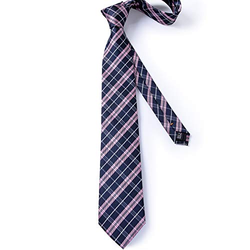 DiBanGu Plaid Ties for Men Silk Checkered Necktie and Pocket Square Cufflinks Tie Clip Set with Gift Box for Wedding Business, Blue and Pink - Image 5