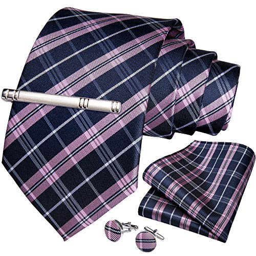 DiBanGu Plaid Ties for Men Silk Checkered Necktie and Pocket Square Cufflinks Tie Clip Set with Gift Box for Wedding Business, Blue and Pink - Image 4