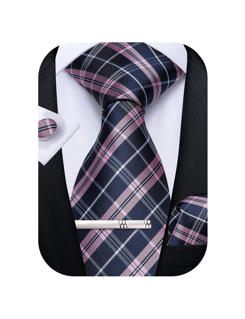 DiBanGu Plaid Ties for Men Silk Checkered Necktie and Pocket Square Cufflinks Tie Clip Set with Gift Box for Wedding Business, Blue and Pink - Image 1