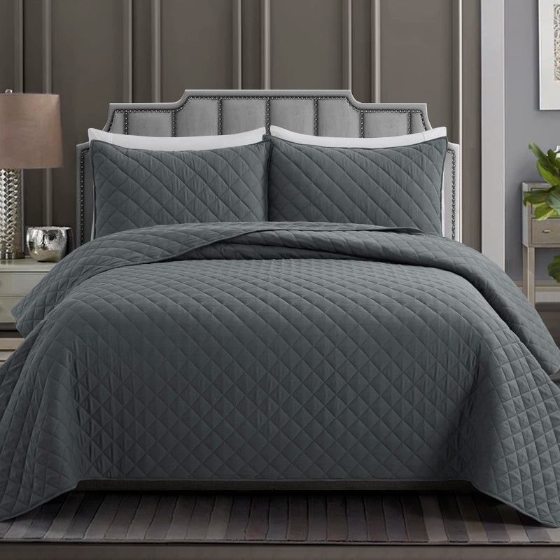 Safonory Dark Grey Quilt FullQueen Size Summer Soft Lightweight Microfiber Diamond Stitched Quilted Bedspread 3 Pieces Gray Coverlet Bedding Set for Queen Bed1 Quilt 2 Shams