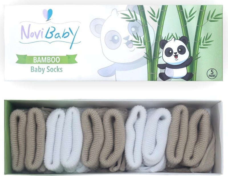 Novibaby 5-Piece Bamboo Newborn Baby Socks I White Beige I 0-6 Months  - Image 1