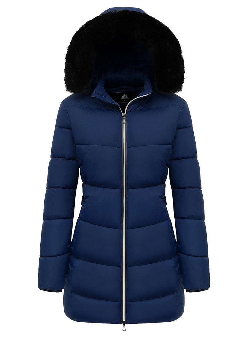 MOERDENG Womens Winter Windproof Warm Down Coats Waterproof Thicken Hooded fashions Puffer Jacket Dark Blue 02XXL