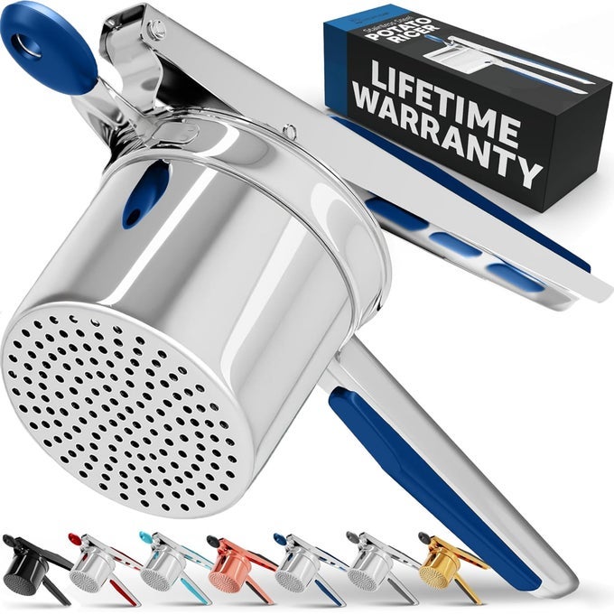 PRIORITYCHEF LARGE 15OZ POTATO RICER HEAVY DUTY STAINLESS STEEL POTATO MASHER AND RICER KITCHEN TOOL PRESS AND MASH KITCHEN GADGET FOR PERFECT MASHED POTATOES EVERYTIME BLUE