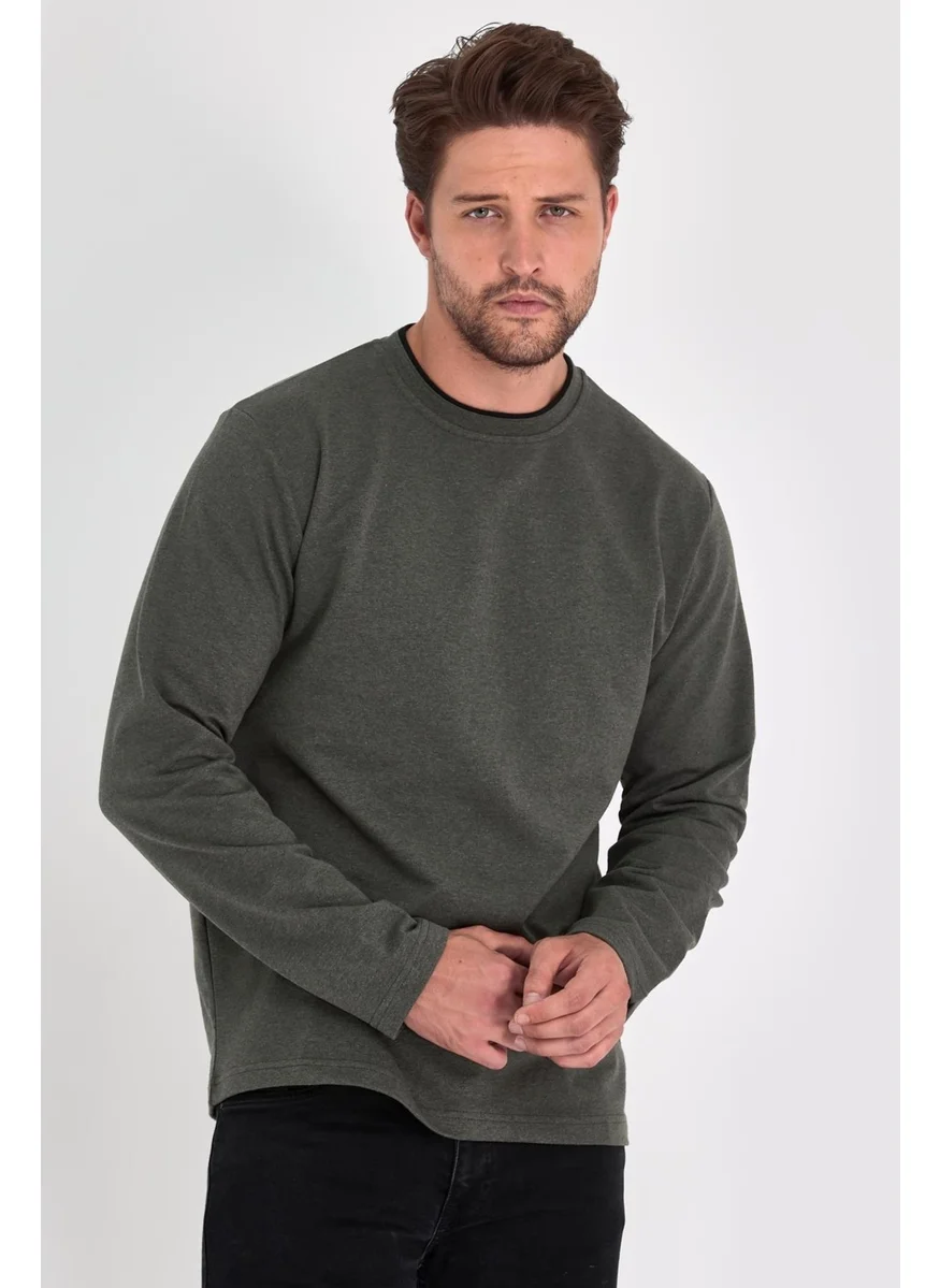 mmetalic Men's Khaki Double Crew Neck Standard Relaxed Cut Sweatshirt