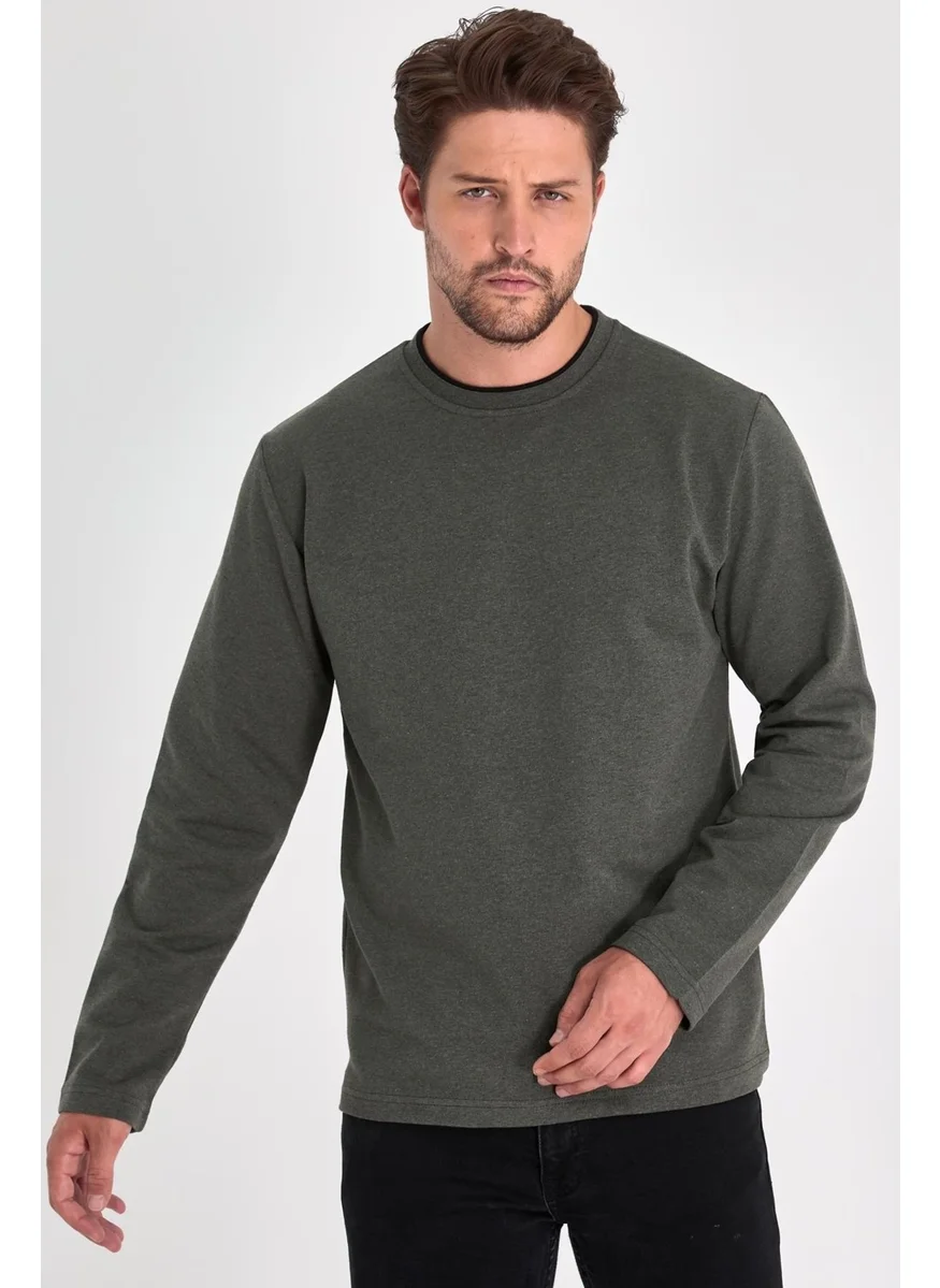 mmetalic Men's Khaki Double Crew Neck Standard Relaxed Cut Sweatshirt