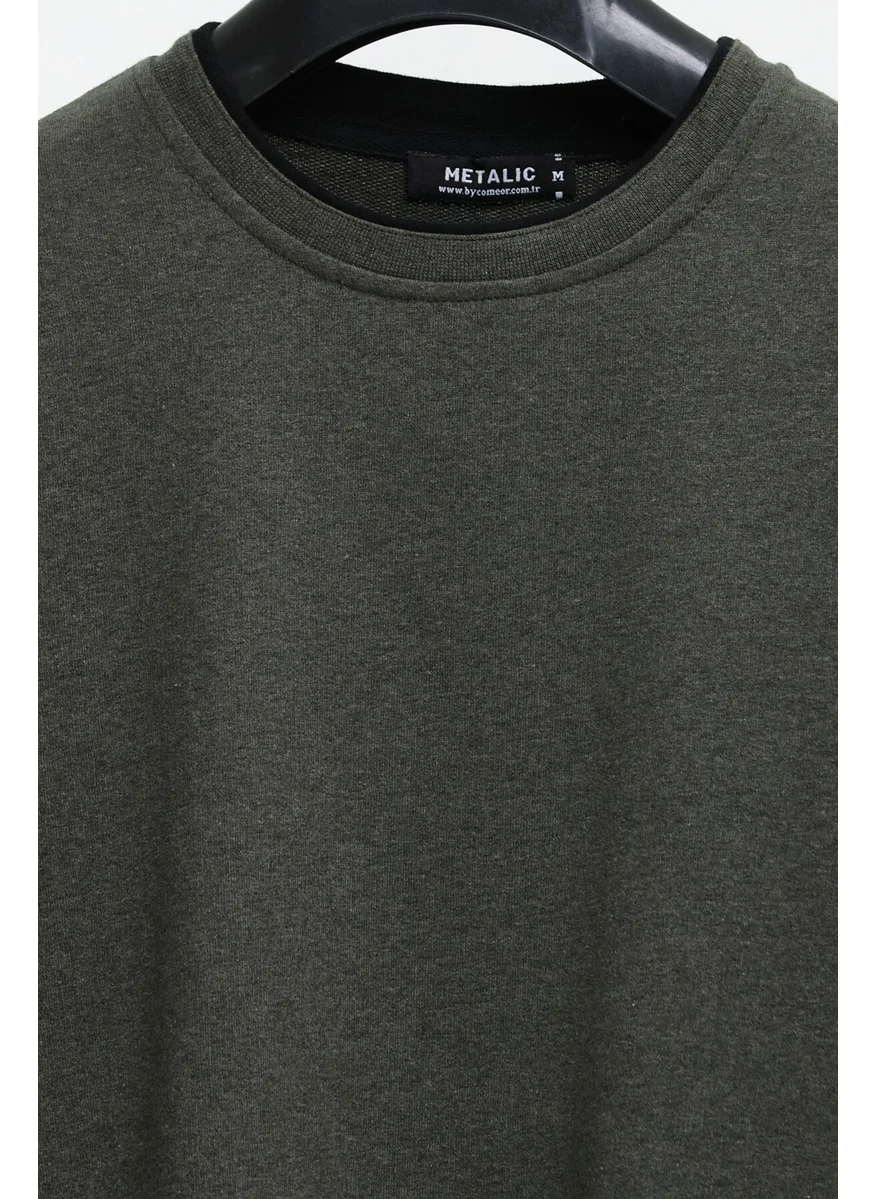 mmetalic Men's Khaki Double Crew Neck Standard Relaxed Cut Sweatshirt