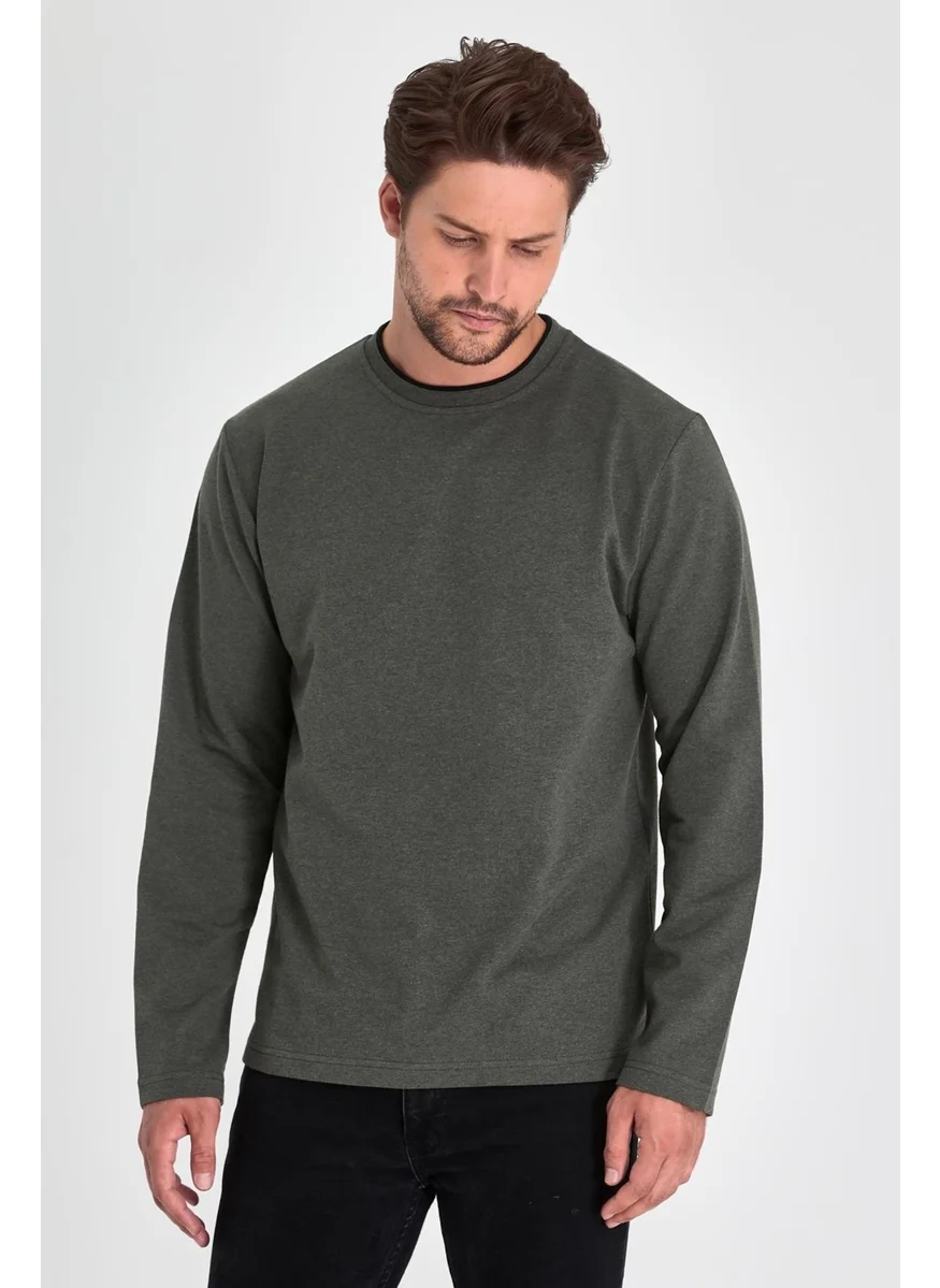 mmetalic Men's Khaki Double Crew Neck Standard Relaxed Cut Sweatshirt