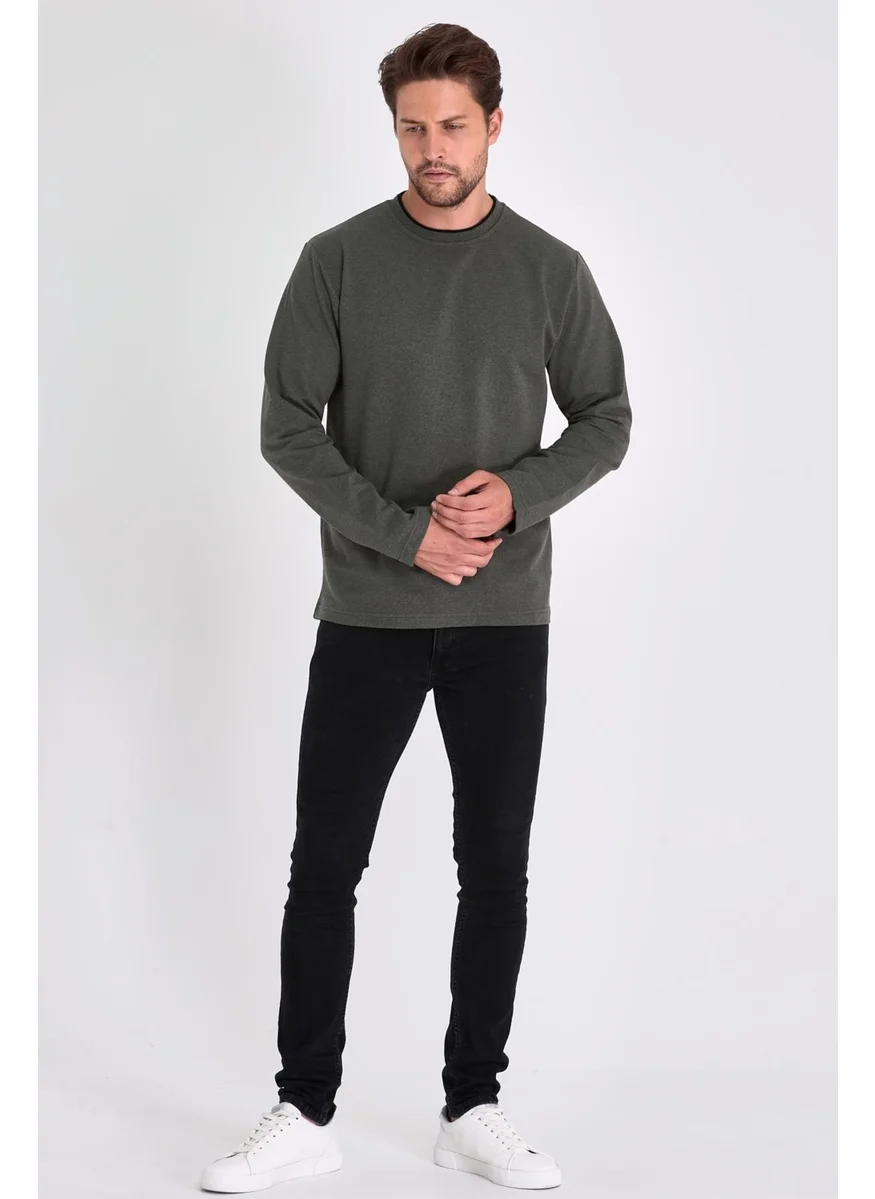 mmetalic Men's Khaki Double Crew Neck Standard Relaxed Cut Sweatshirt