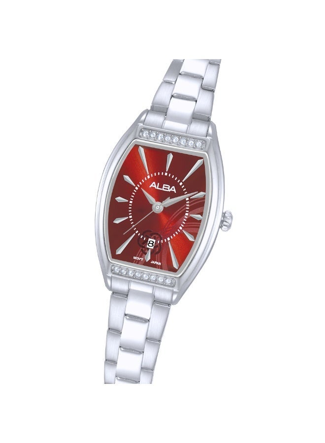 ألبا Signa Women’s Watch AH7ER3X1, 24 mm Maroon Dial, Stainless Steel Case & Bracelet, 50 m WR - Image 4