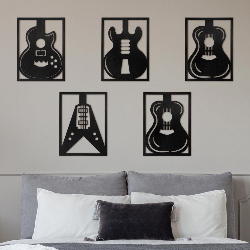 Amyhill Amyhill 5 Pcs Wooden Music Wall Art Modern Guitar Wall Decor Hollow Musical Room Decor Black Music Decorations for Home Living Room Bedroom Bathroom Decoration Gifts 11 x 8 Inches