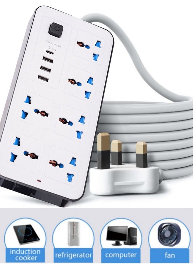GK Power Multi Tap Universal Plug UK Outlet Power Strip with 2m Extension Cord AC Type C USB Port Charge Electrical Socket  - Image 1