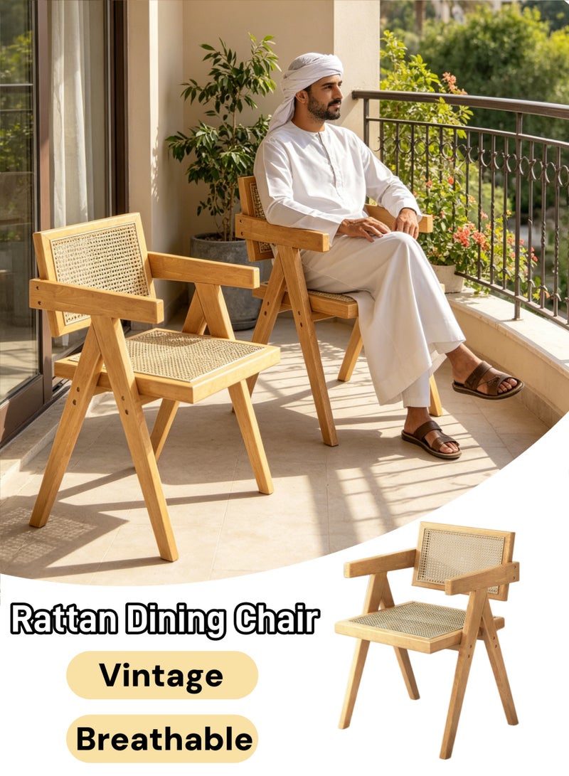 Aimayapet Vintage Rattan Chair, Solid Wood Dining Chair with Armrests & Rattan Backrest, Modern Handcrafted Rattan Seat Solid Wood Rattan Chair for Home Office Living Room and Dining Room - Image 1