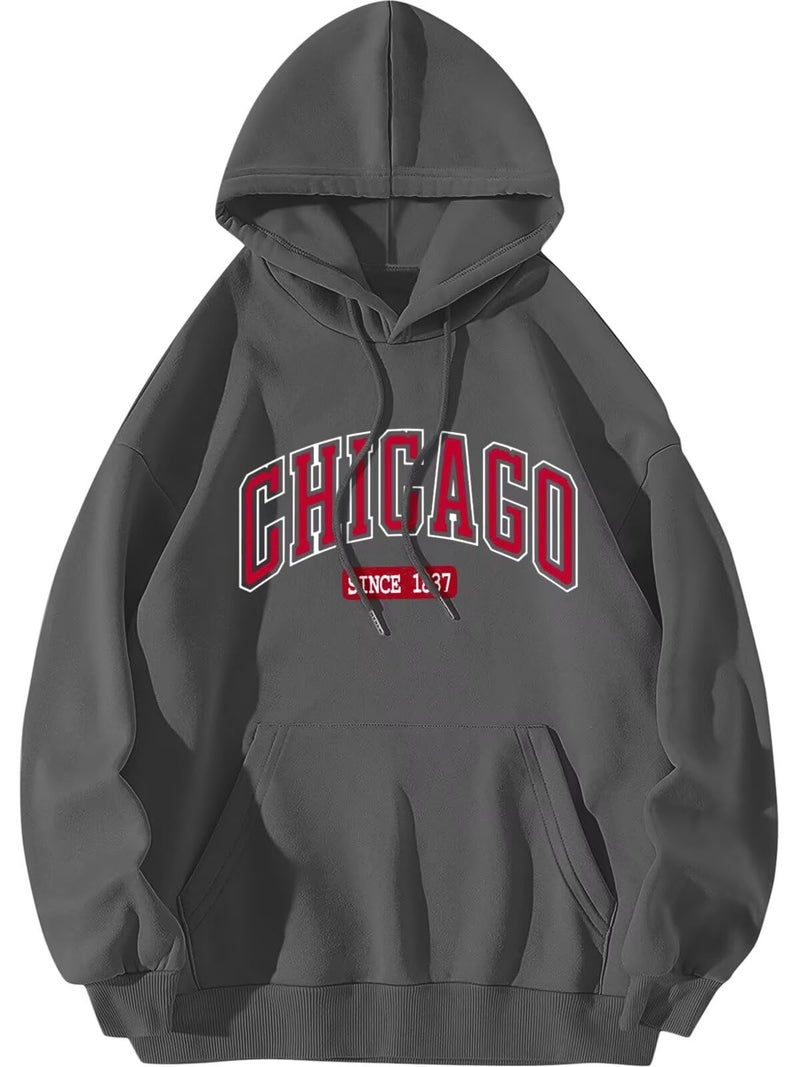 ORANDESIGNE Letter Graphic Print Hoodies for Women Oversized Long Sleeve Casual Drawstring Fall Pullover Sweatshirt Tops CHICAGO Grey Large