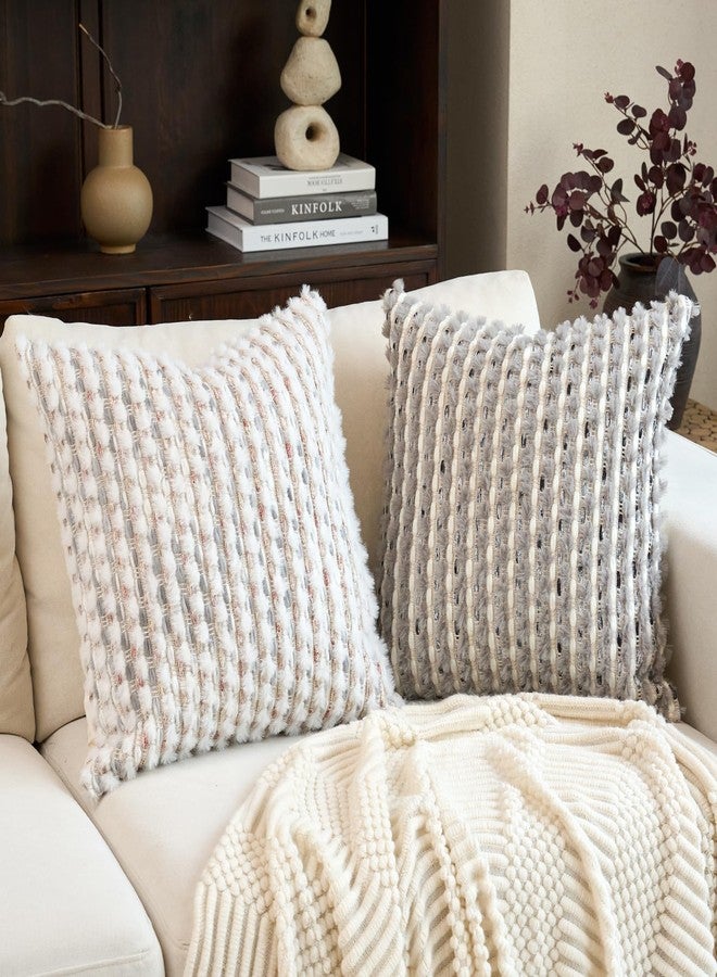 Aeckself Handmade Boho Chenille Tufted Pillow Cover 18x18 Inch, Decorative Square Throw Pillow Cover Neutral Pillowcase for Couch Bedroom Living Room, Grey White - Image 4