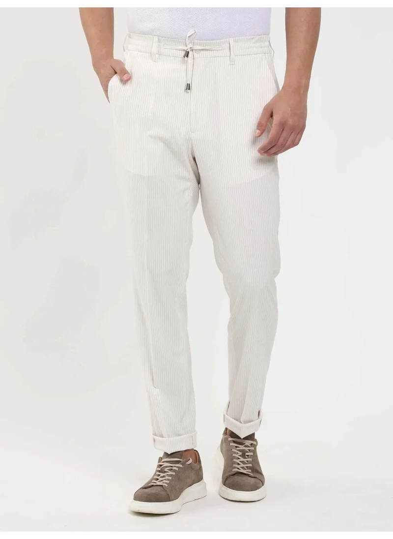 Dufy Beige Men's Slim Fit Striped Trousers - 104915