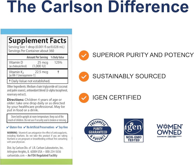 Carlson كارلسون للأطفال سوبر دايلي D3K2 25 ميكروغرام 1000 وحدة دولية D3 225 ميكروغرام K2 قطرات فيتامين D مع فيتامين K2 فيتامينات سائلة 1000 وحدة دولية فيتامين D3 صحة القلب والعظام 1 سنة إمداد بدون نكهة 360 قطرة - Image 2