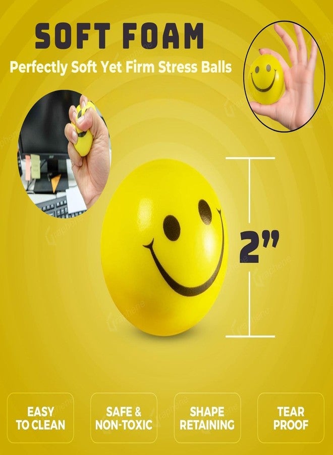 GRAPHENE 12 Pcs Soft Squeeze Squishy Smiley Foam Sponge Ball Stress Relief Yellow Emoji Happy Smiley Face Printed Standard Size Toy Hand Exercise Balls Set for Kids Adults Light Weight Non Toxic Toy - Image 2