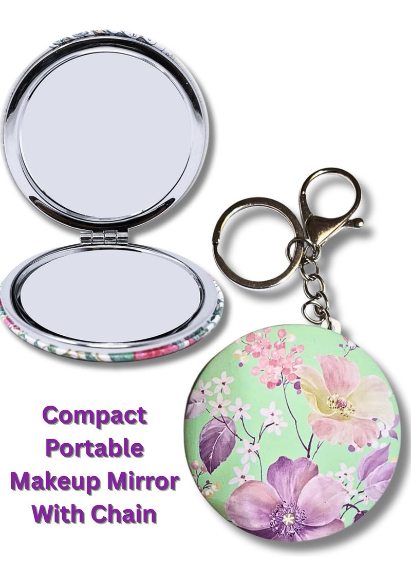 مرآة مكياج صغيرة الحجم بتصميم زهور محمولة مع سلسلة مفاتيح - Image 1