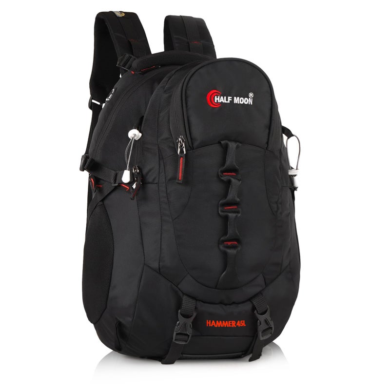 Half Moon 45L Hammer Waterproof 4 Compartment Rucksack/Trekking Bag For Mens | With 17.3" Laptop Compartment & Rain Cover | 1 Year Warranty | For Hiking, Travel Backpack For Boys & Girls (Black) - Image 1