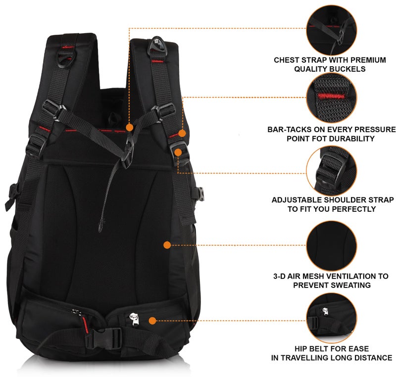 Half Moon 45L Hammer Waterproof 4 Compartment Rucksack/Trekking Bag For Mens | With 17.3" Laptop Compartment & Rain Cover | 1 Year Warranty | For Hiking, Travel Backpack For Boys & Girls (Black) - Image 5