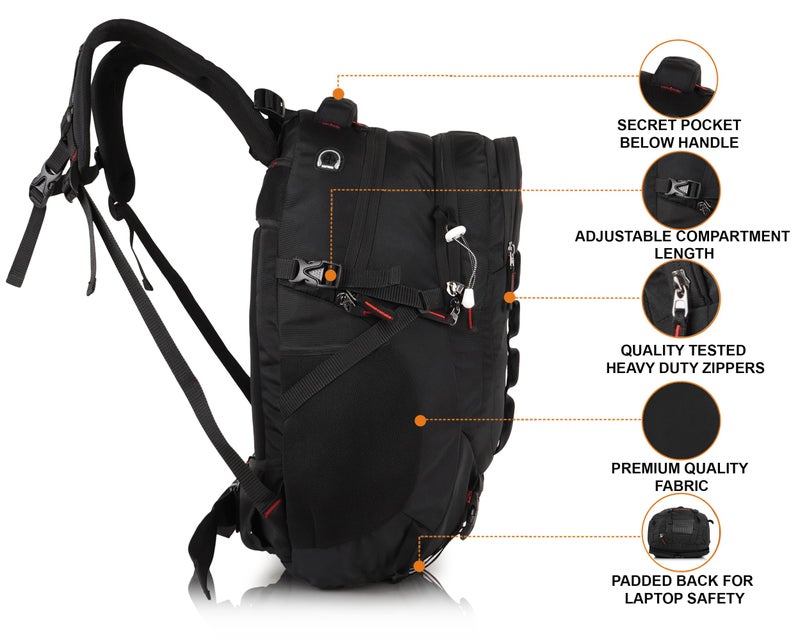 Half Moon 45L Hammer Waterproof 4 Compartment Rucksack/Trekking Bag For Mens | With 17.3" Laptop Compartment & Rain Cover | 1 Year Warranty | For Hiking, Travel Backpack For Boys & Girls (Black) - Image 4