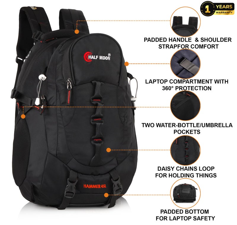 Half Moon 45L Hammer Waterproof 4 Compartment Rucksack/Trekking Bag For Mens | With 17.3" Laptop Compartment & Rain Cover | 1 Year Warranty | For Hiking, Travel Backpack For Boys & Girls (Black) - Image 2