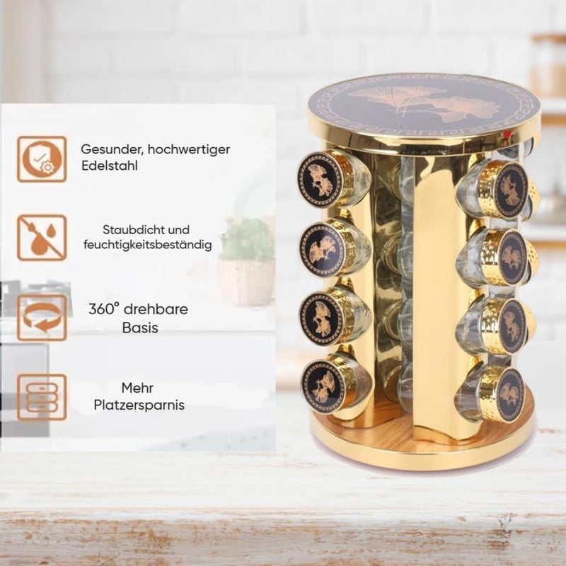 MUGATH MUGATH Steel Rotating Spice Rack Aesthetic Spice Rack for Inside Cupboard or Free Standing Spice Rack Organiser Including 16 Spice Jars with Lids Revolving Spice Tower Golden Round Spice Rack Set - Image 3